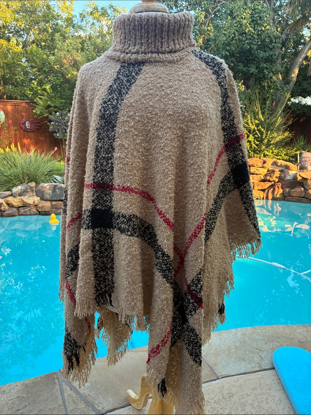 Turtleneck Plaid Poncho Sweater in Taupe One size